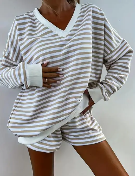 

Two Piece Set Women Outfit 2025 Spring Autumn New Striped Long Sleeved V-Neck Loose Top & High Waist Casual Sports Shorts Set