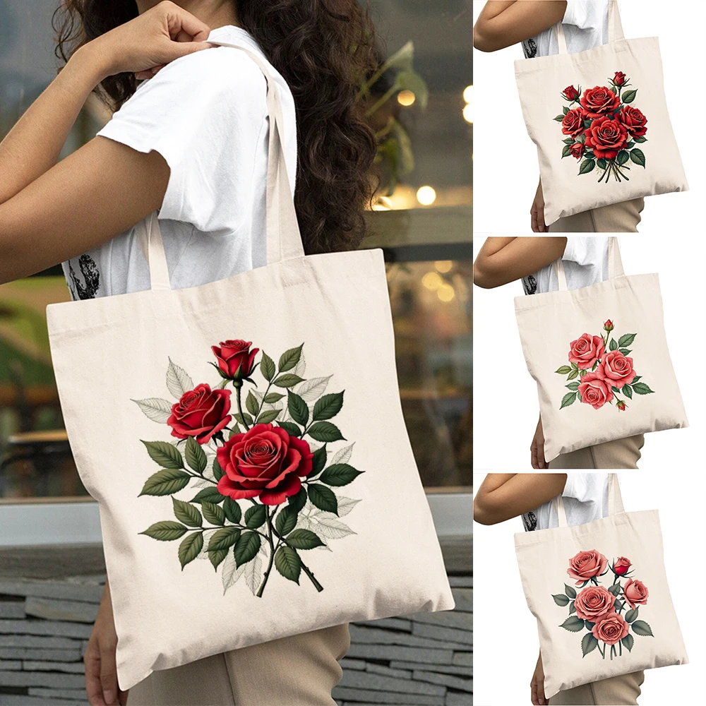 

Floral Bouquet Lady Shopper Bags Double Print Bloom Cluster Women Daily use Shoulder Handbag Rose Portrait Girl Shopping Bag