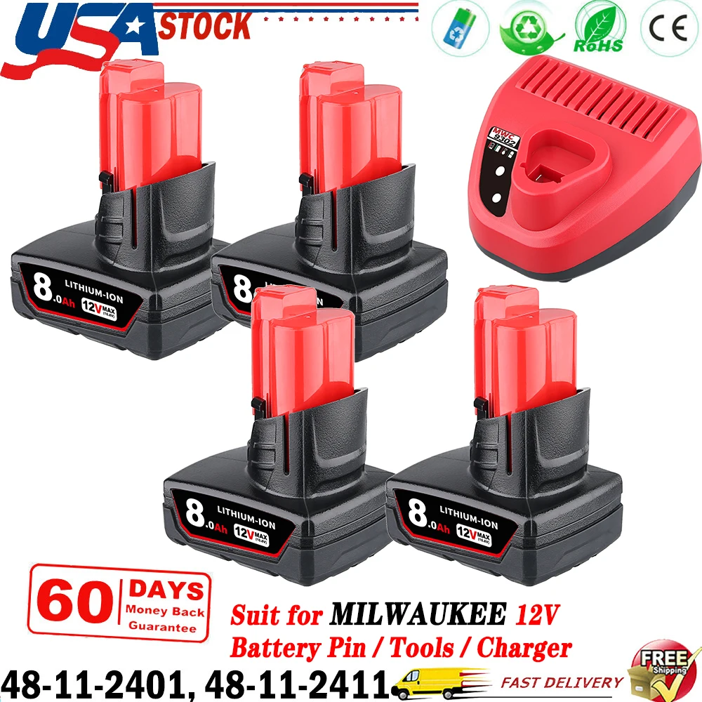 

1/2/4Pcs M12 8.0Ah Replace for Milwaukee 12V Battery Pin Compatible Power Tool 48-11-2440 48-11-2412 48-11-2450,with N12 Charger