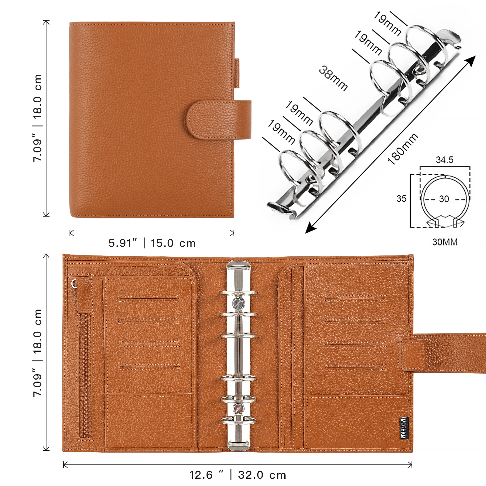 Moterm A6 Size Luxe Rings Planner with 30 MM Rings Binder Genuine Pebbled Grain Leather Notebook Diary Agenda Organizer Journal