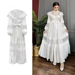 Elegant Autumn Runway White Holiday Lace Maxi Dress Women Pearl Single Breasted Lace Patchwork Hollow Out Ruffles Belt Long Robe