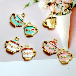 10PCS Colorful Tea Cup And Tea Pot Alloy Enamel Pendant Love Shiny Charm DIY Necklace Bracelet Earring Keychain Accessories