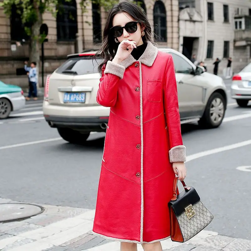 Women‘s Long Style Leather Puffer Jacket Laple Collar Thickened Warm Winter New Elegant Fashion Versatile Slimming Outerwear