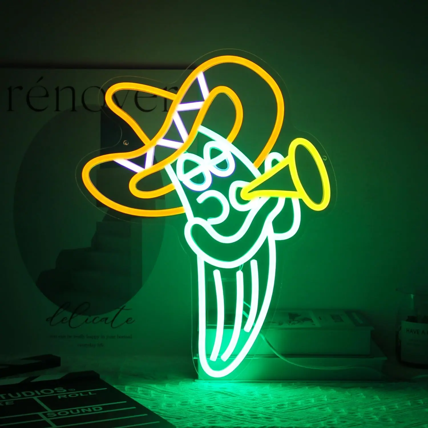 

Cactus Sombrero Hat Neon Sign Music Play Trumpet Fiesta Decor Dimmable for Wall Bedroom Celebrate Carnival Mexican Party Decor