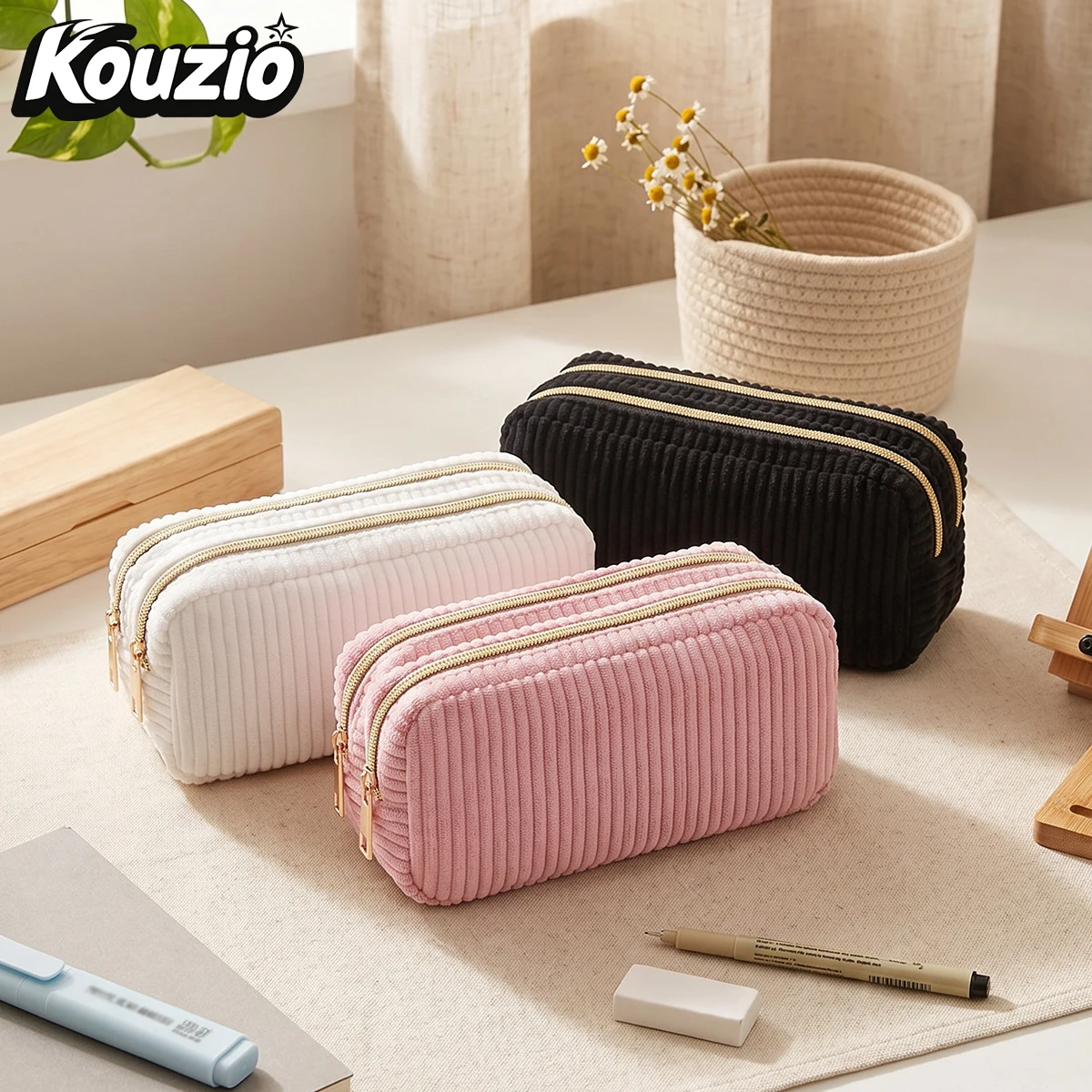 1pc Large Soft Corduroy Double Zipper Pencil Case, Solid Color Stationery Storage Pouch, Multi-use Portable Bag Back To School
