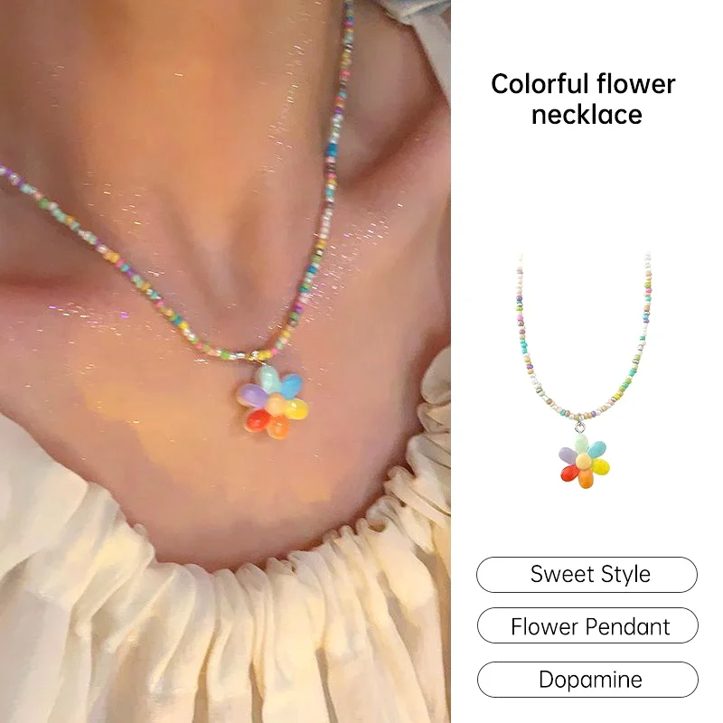 1Pc Candy Colour Beaded Necklace Flower Heart New Collarbone Chain Sweet Girls Jewelry Gifts