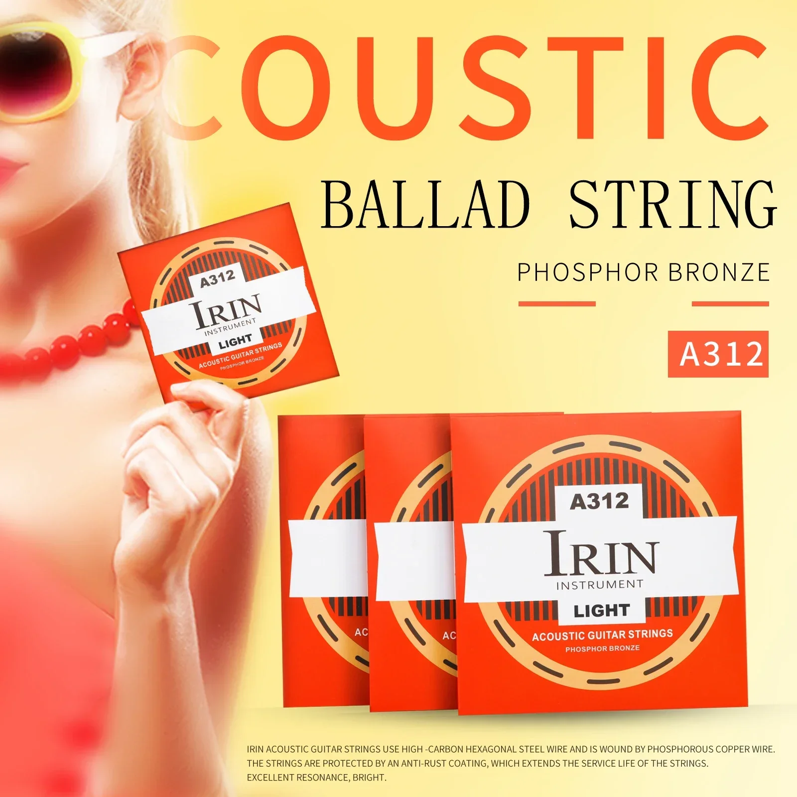 IRIN A312 Acoustic Guitar Strings Hexagonal Alloy PU Coated 6-String Folk Guitarra Strings Acoustic Guitar Accessories Parts