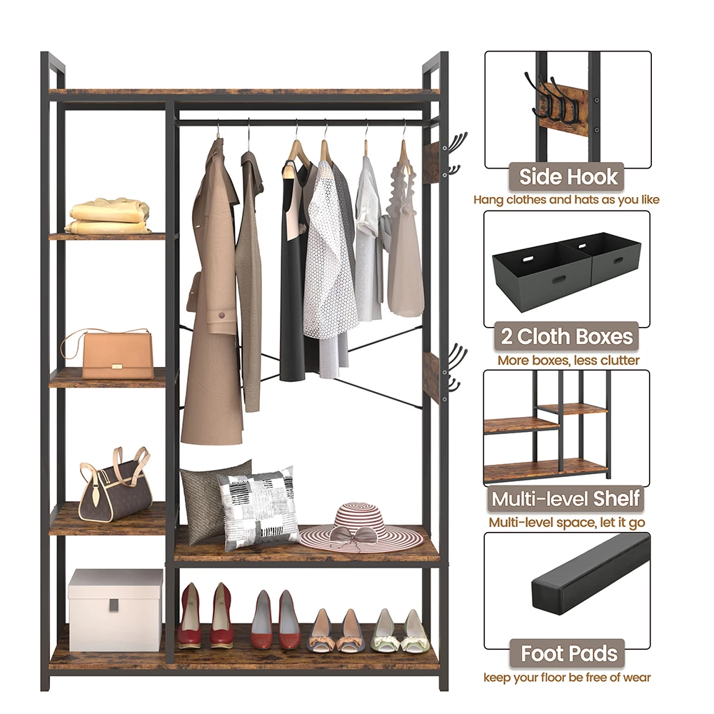 43.7’’W x 15.75’’D x 70.08’’H Organized Garment Rack with Storage Free-Standing Closet System with Open Shelves and Hanging Rod