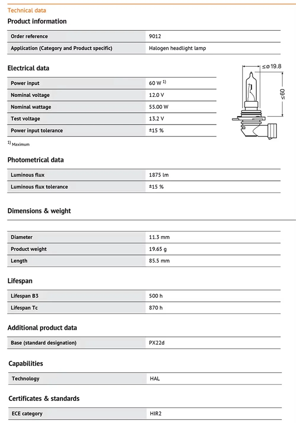 OSRAM HIR2 12V 55W PX22d 3200K 9012 CLASSIC Halogen Headlight Original Car Bulb Light Auto Lamp Standard Hi/lo Beam