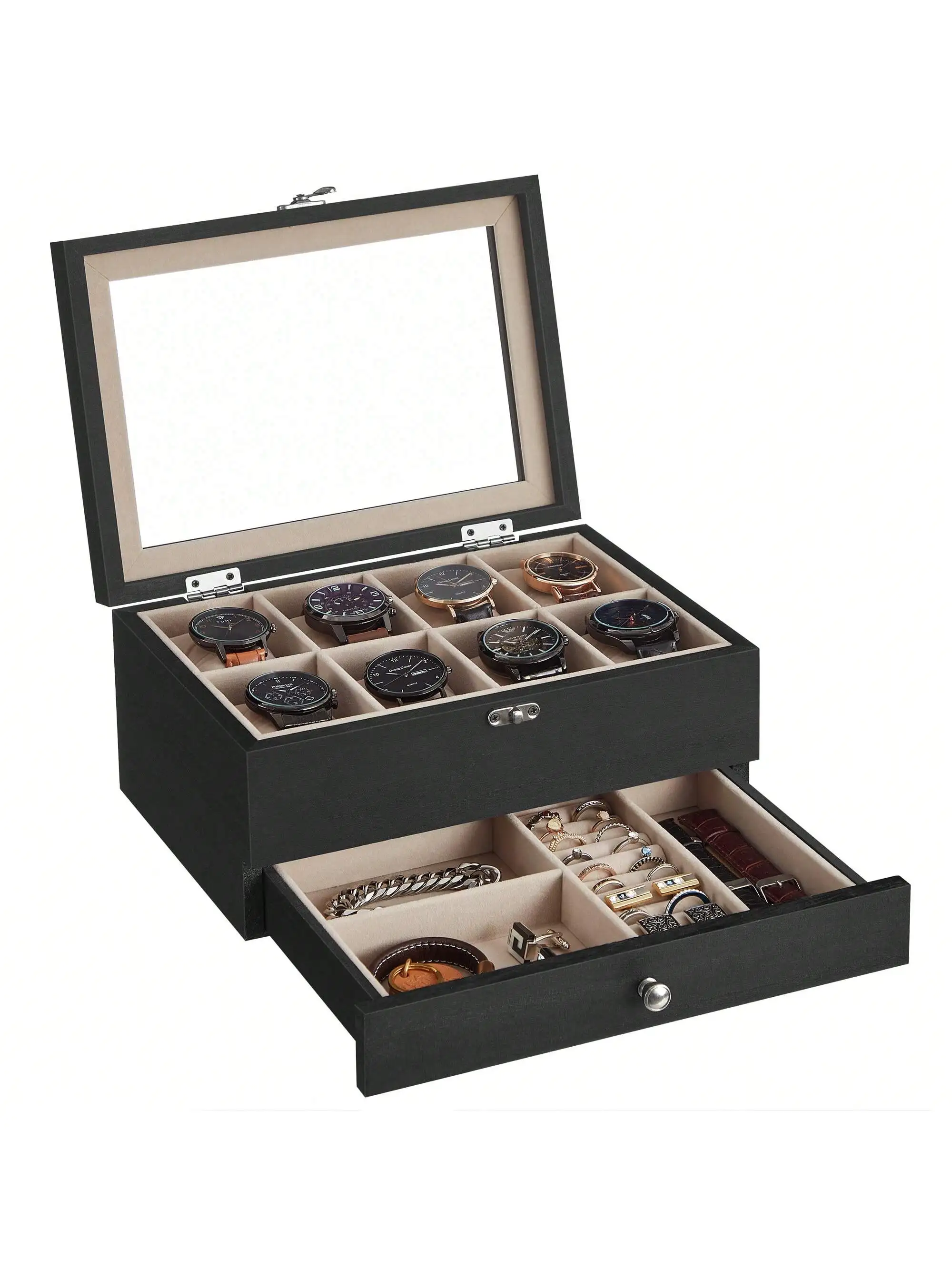 SONGMICS 8-Slot Watch Box, 2-Tier Watch Display Case With Large Glass Lid, Removable Watch Pillows, Velvet Lining, Jewelry Bo