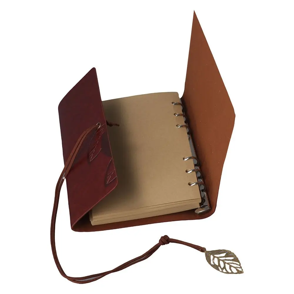 Cute Diary Notepad Sketch Book, Leaf Embossed and Retro Pendants Book, Leather Journal Notebook