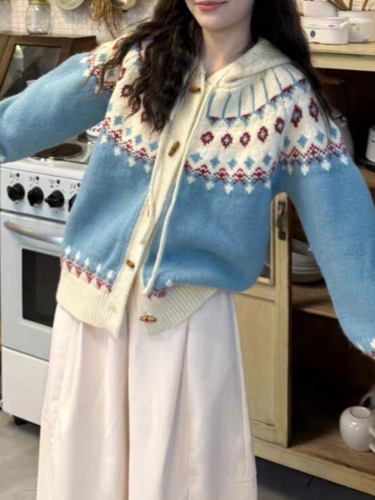 Fair Isle Pattern Hooded Geometric Jacquard Horn Button Long Sleeve Loose Knitted Women Clothing