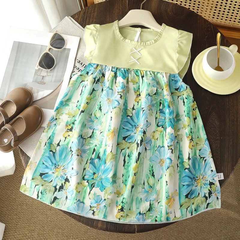 

Summer New children's clothing wholesale colorful floral patchwork flutter sleeve girls' dress children's skirt princess dress