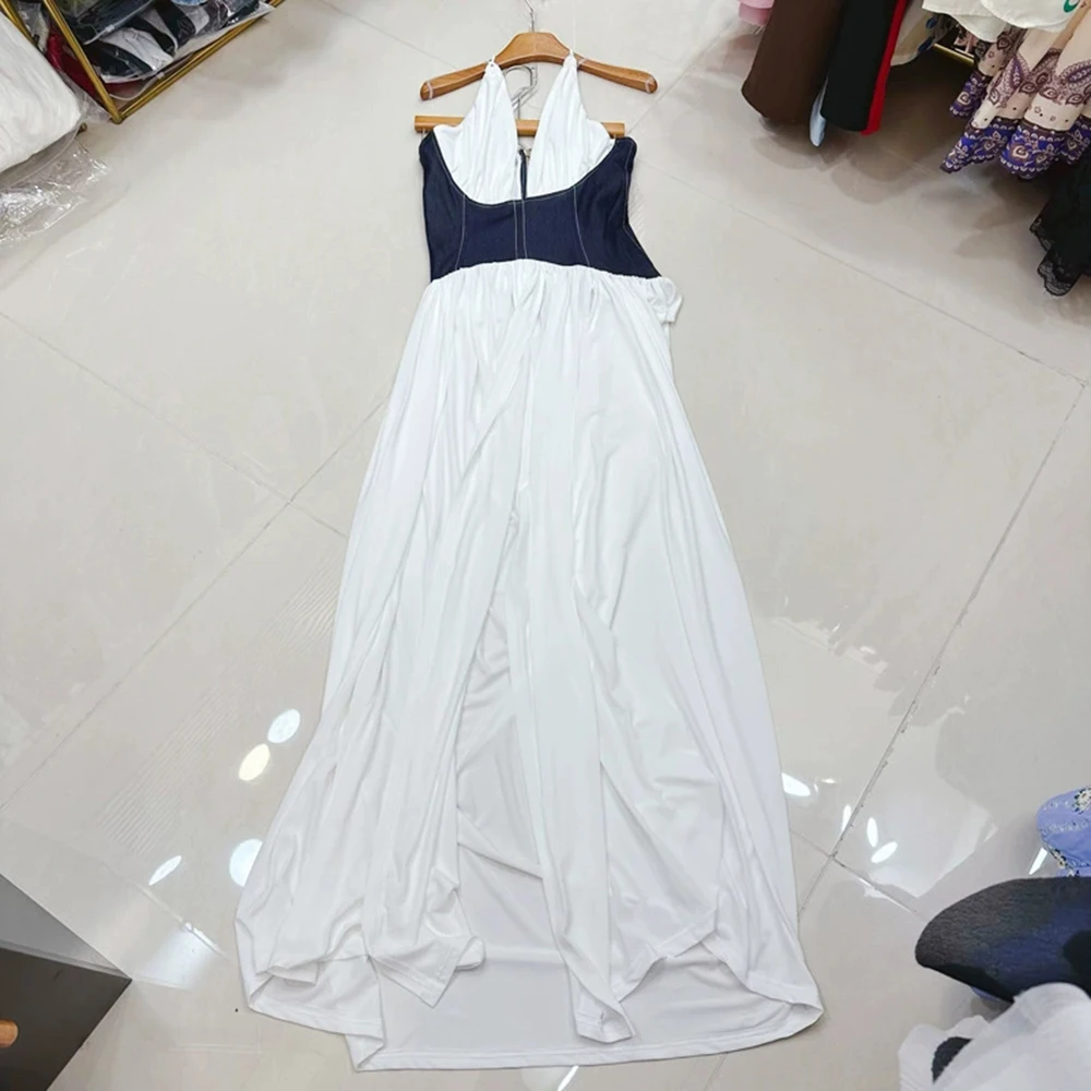 

Halter neck dark white dress denim waist design long party catwalk dress-GZXX266