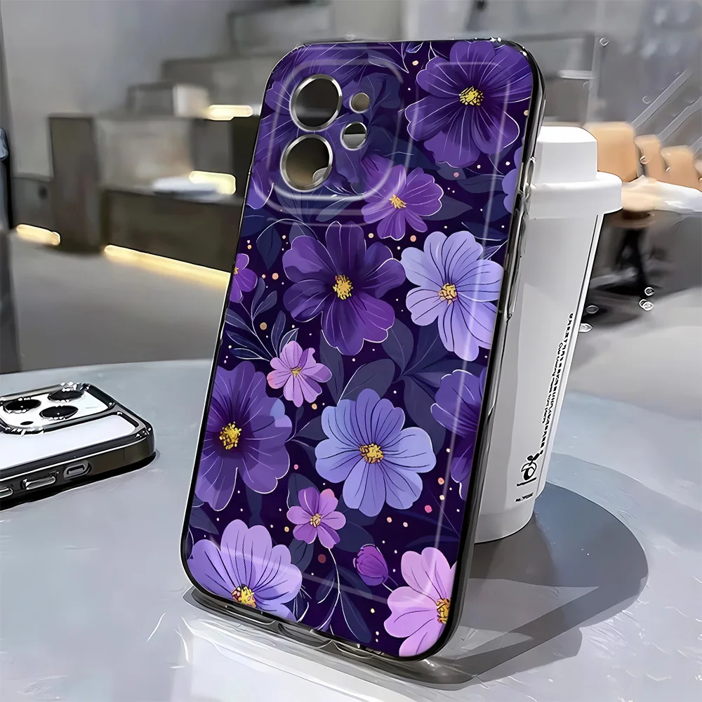 حافظة زهور Purpul لهاتف آيفون 13 حافظة آيفون 15 11 12 13 14 16 برو ماكس 16E 14 15 Plus iPhone16 غطاء سيليكون شفاف Funda
