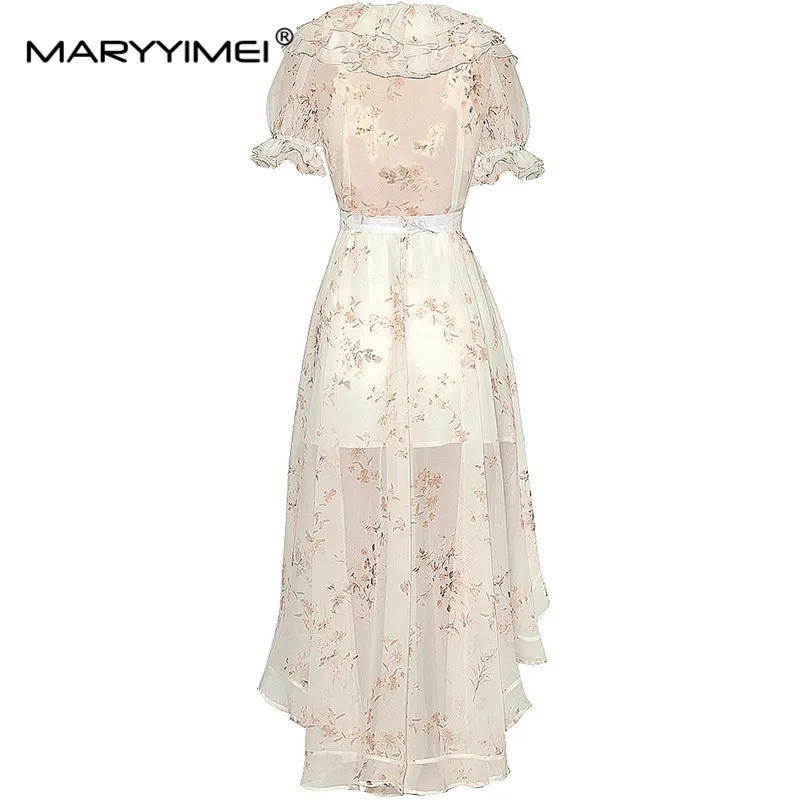 MARYYIMEI Spring Summer Women's Suit V-Neck Short Sleeved Flounced Edge Shirt Top+Asymmetrical Half Skirt Print 2 Piece Set