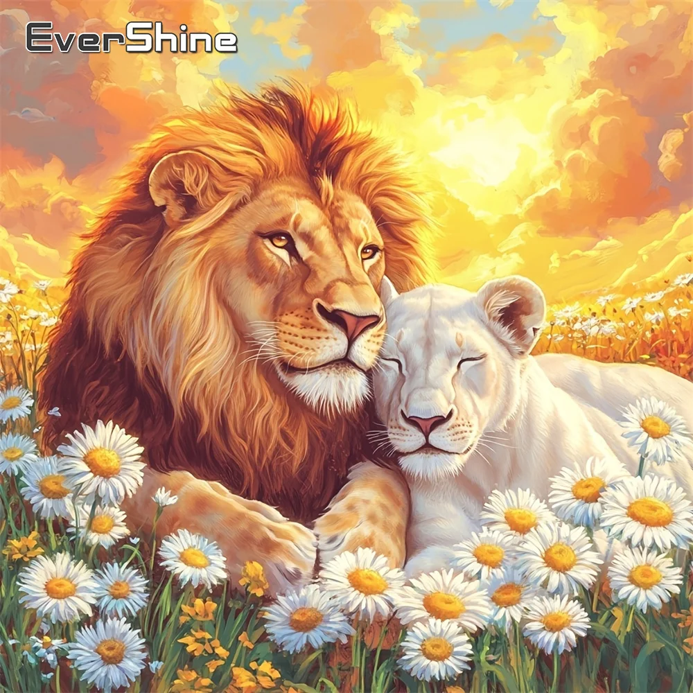 EverShine Diamant-Stickerei Tier-Mosaikbild Löwe Vollflächig Quadratisches Kreuzstich-Gemälde Gänseblümchen Wanddekoration