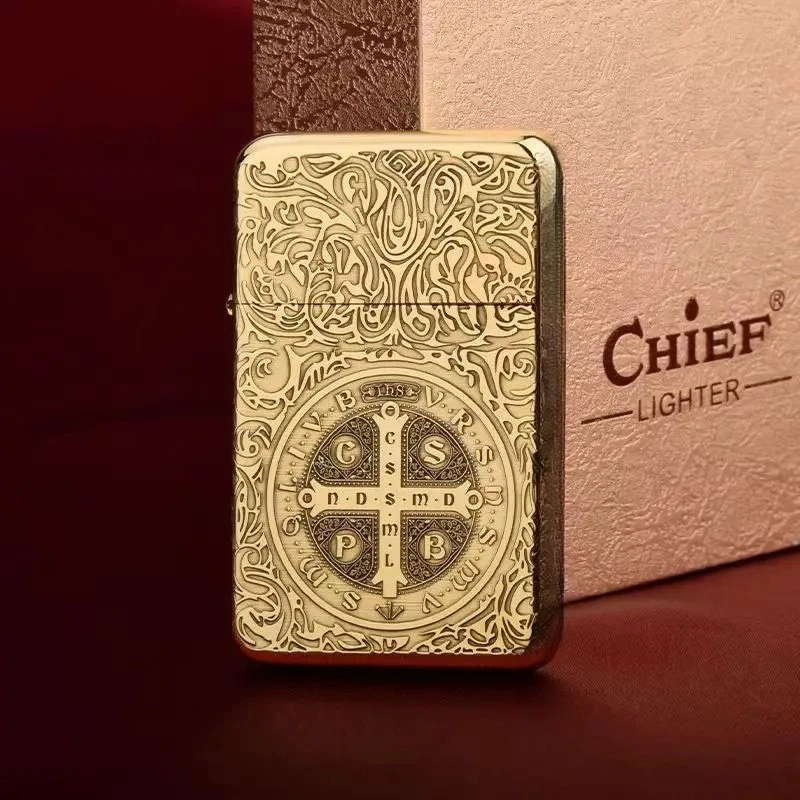 Exquisite Brass Kerosine Lighter Slim Windproof Vintage Grinding Wheel Ignition Lighter Cigarette Accessories Men\'s Gift