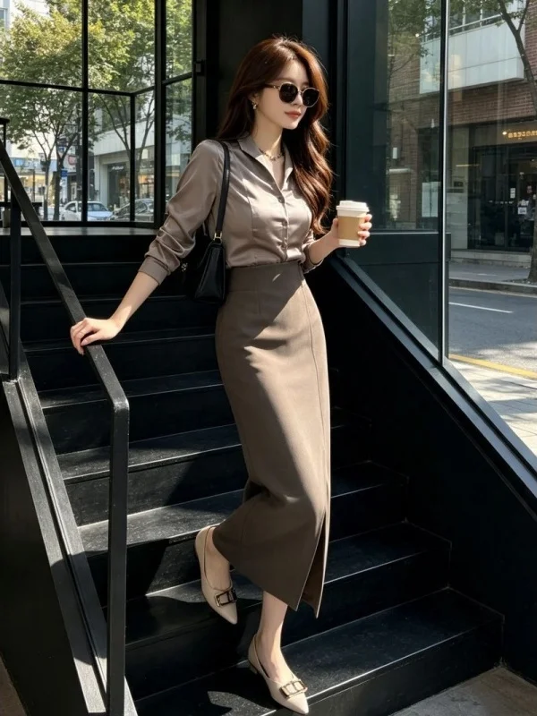 Fashionable Slimming V-Neck Top High Waist Bodycon Skirt Set Elegant Autumn New Arrival Two-Piece Women's Premium Ensemble