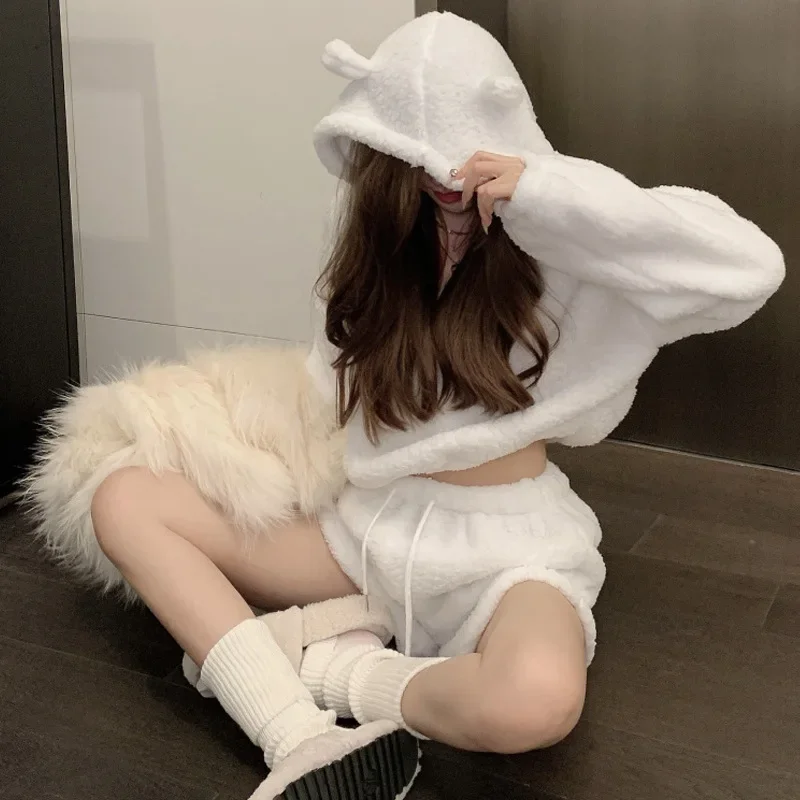 Autumn Winter Women Pajamas 2 Piece Sets Kawaii Shorts Soft Plush Bear Ears Hooded Homewear High Waist Girls Hoodies Clothing