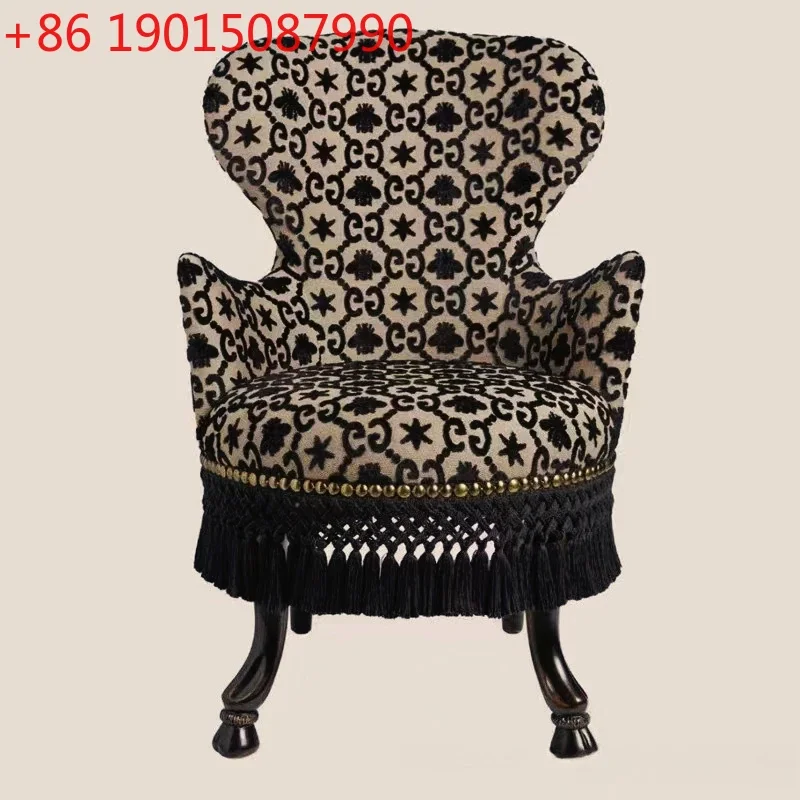 Solid wood jacquard flower cloth living room hotel bed and breakfast restaurant studio single leisure fringed sofa chair