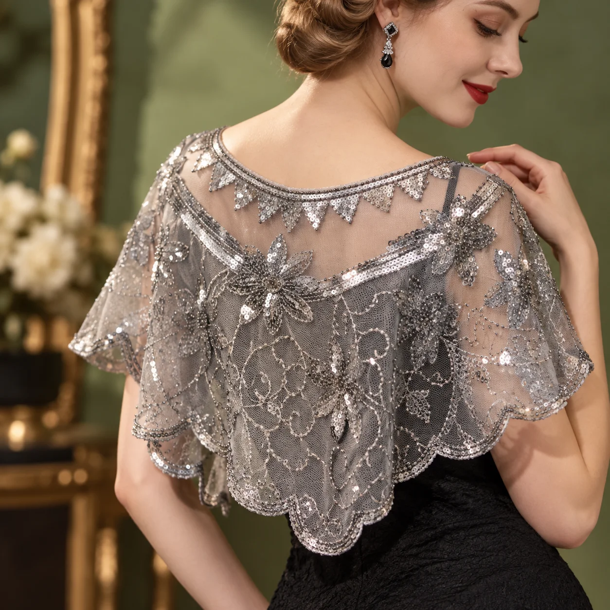 1920s Vintage Sequin Flapper Shawl Women Thin Breathable Shiny Short Cape Elegant Mesh Cloak Great Gatsby Costume Wrap