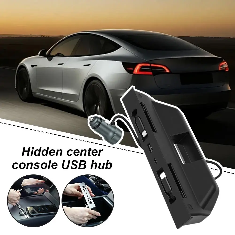 Center Console Charging Hub for Tesla Model 3 Y Retractable USB Type-C  Cable Multi Port Fast Charger Docking Station Splitter