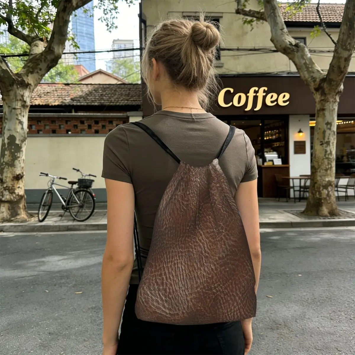Dark Brown Leather Effect Material Backpacks Multi-function Drawstring Bags Sports Bag Book Bags for Travel School