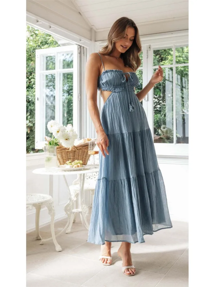 Zomer elegante spaghetti maxi-jurken dames uitgesneden rugloze ruches a-lijn jurk bohemien feestvakantie casual zonnejurk
