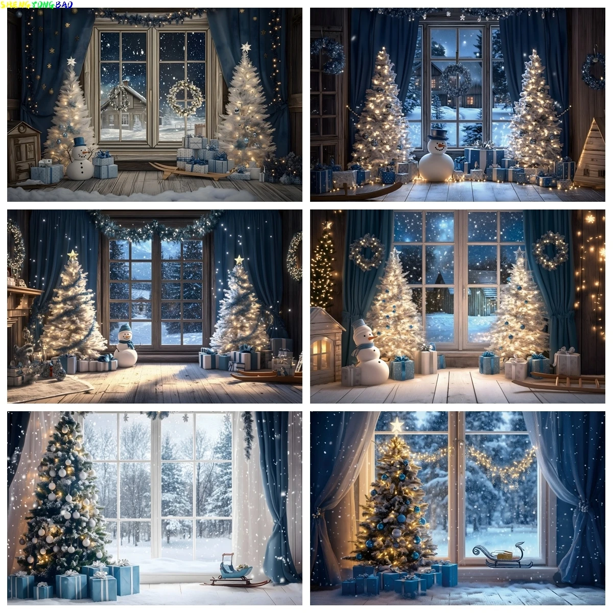 Winter Weihnachten Schnee Szene Fotografie Hintergrund Holz Fenster Blau Vorhang Kranz Weihnachten Baum Schneemann Geschenk Dekor Hintergrund Requisiten