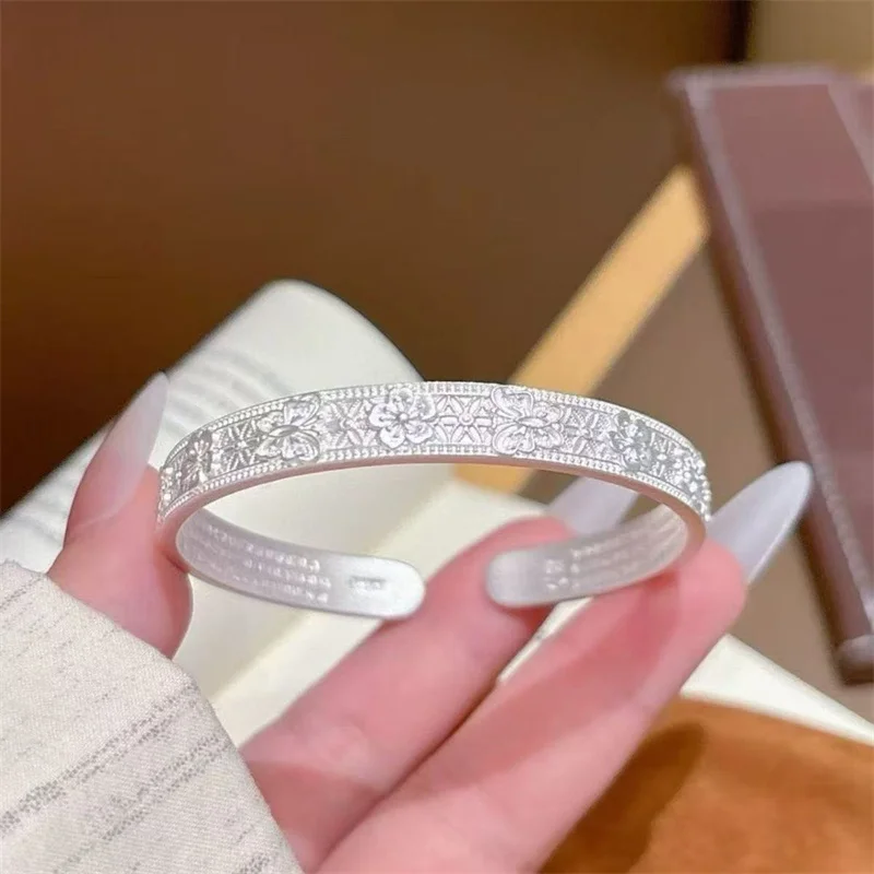 Lucky Charm 999 Sterling Silver Open Cuff Bangle Floral Rhombus Relief Pattern Vintage Ladies Bracelet