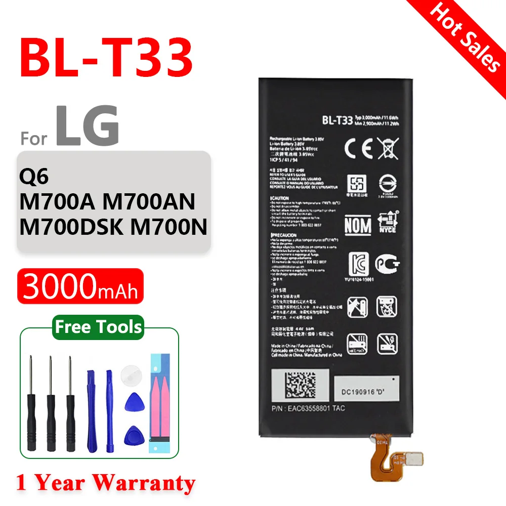 

Оригинальный аккумулятор 3000 мАч BL-T33 для LG Q6 M700A M700AN M700DSK M700N BL T33, высококачественные Мобильный телефон батареи + Бесплатные инструменты