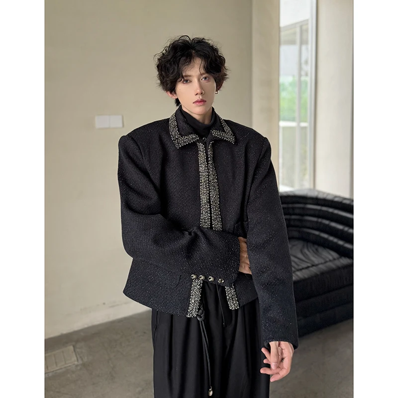 

Bla ort Quilted oulder Pad Jaet Men's Autumn Winter iny Design American Trendy Brand Turn-down Collar Coat