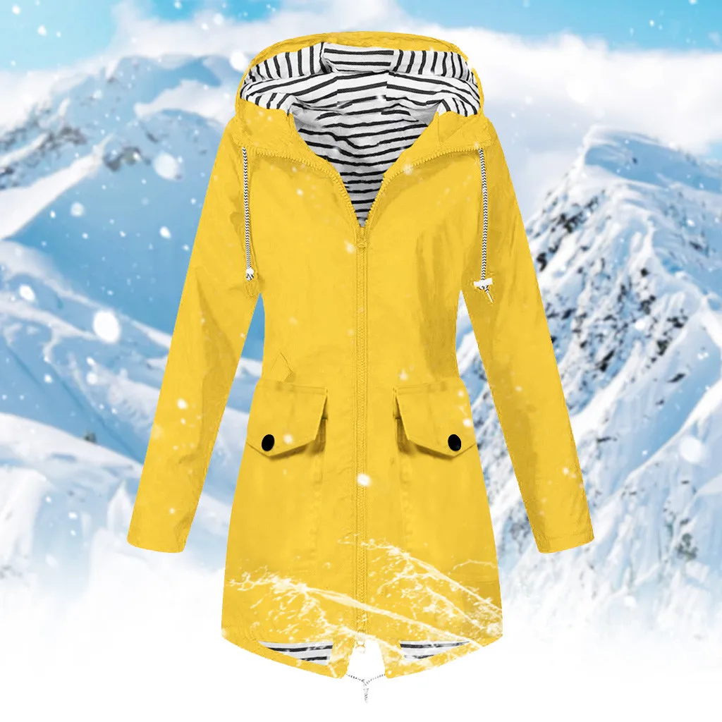 Autumn Women Solid Rain Jacket Outdoor Plus Size Hooded Windproof Loose Coat Yellow ,Green,Red,Pink Skiing Warm Outwear