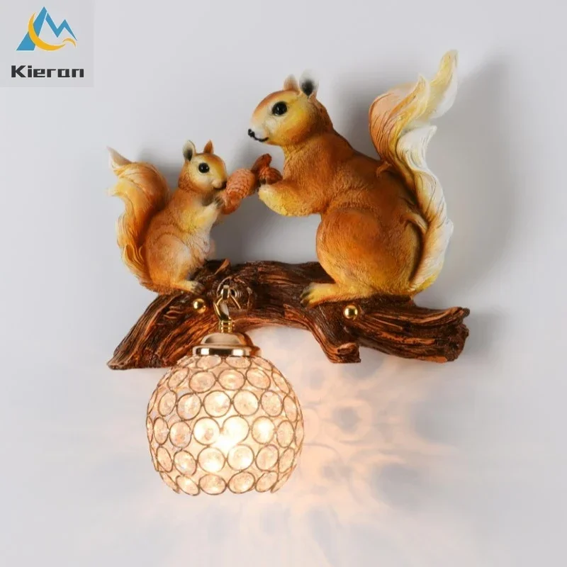 

Modern Carved Squirrels LED Wall Lamp Bedroom Restaurant Study Bedside Resin Wall Light Living Room Decoration Crystal Wall Lamp