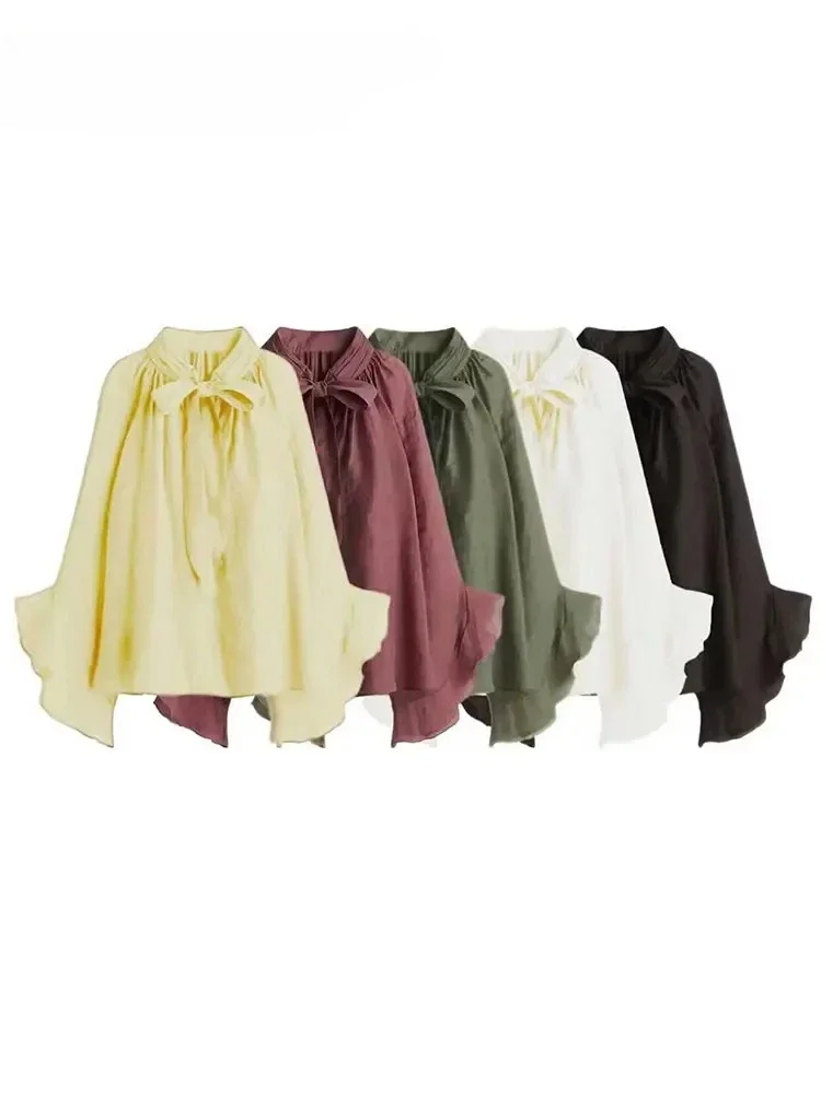 

Новинка 2025 года, украшенные бантом, свободные блузки с длинными рукавами для женщин, новые модные рубашки и блузки с рюшами по краям, женский топ