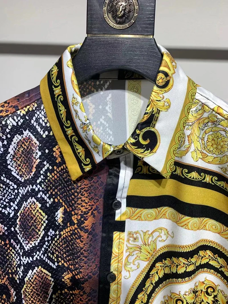 Luxury Royal Palace Baroque Printed Color Contrasting Leopard Pattern Shirt Men\'s Casual Long Sleeve Shirt 2024 Silk Smooth