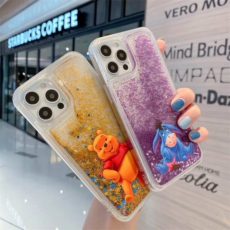 Cartoon Disney Winnie the Pooh Liquid Quicksand Bling Glitter Phone Case For iPhone 17 16 15 14 13 12 11 XS X XR Plus Back Cover