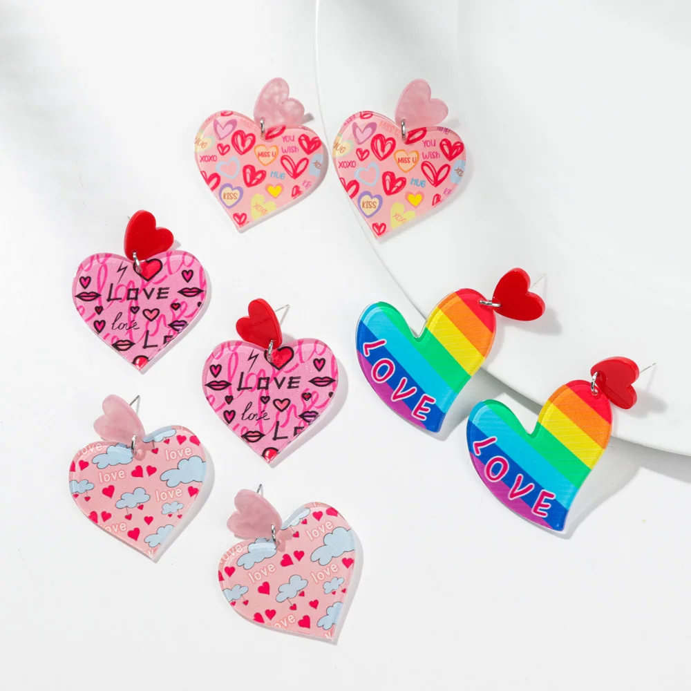 New Valentine\'s Day Love Acrylic Drop Earrings for Women Rainbow Irregular Heart Peach Pendant Earring Romantic Jewelry Gifts