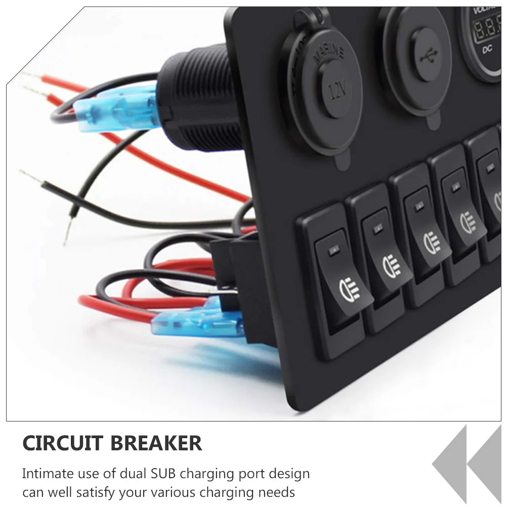 

1pc Dual USB Waterproof LED Switch Panel Black Rocker Circuit Breaker Car Boat Bus Trailer Control 6 Button Overheat Overcurrent