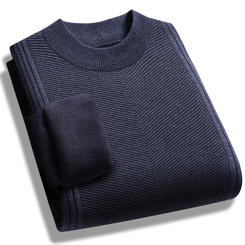 Sweater Mock Neck Pria Warna Solid Berlapis Fleece Sweater Musim Gugur Musim Dingin Pakaian Rajut Dasar Pria Pullover Rajut