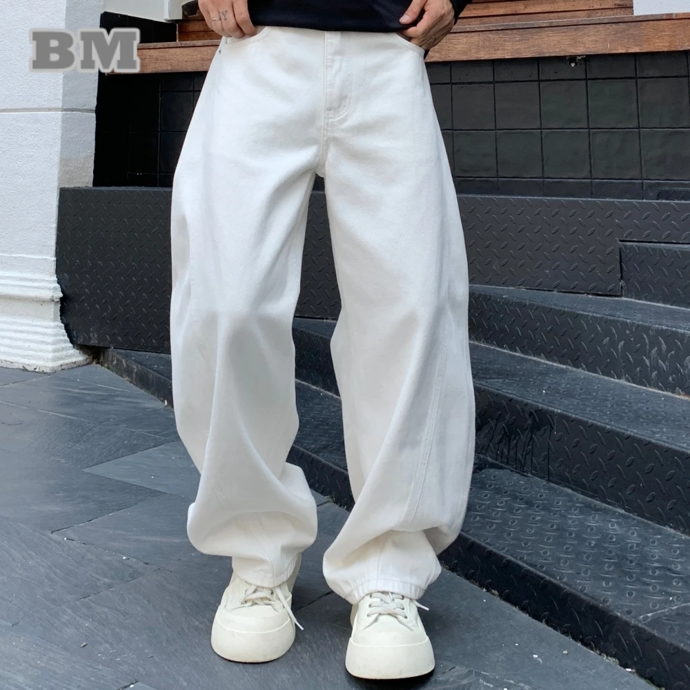 

‌Korean Street Trend White Hip Hop Baggy Jeans Men High Quality Denim Pants Loose Fit Straight Trousers Fashion Casual Trousers