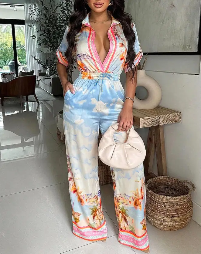 

Jumpsuit Women 2026 Spring Summer New Landscape Print Turn-Down Collar Half Sleeve Drawstring Waist Pocket Wide Leg Jumpsuit
