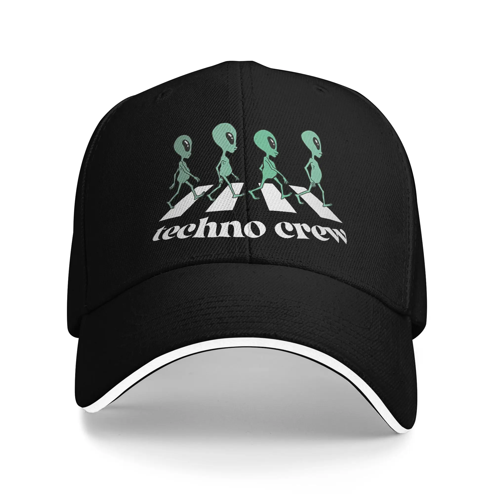 Techno Crew Festival Rave Aliens Sandwich Baseball Cap Vintage Funny Men Women Breathable Adjustable Sun Cap Fishing Gift Hat