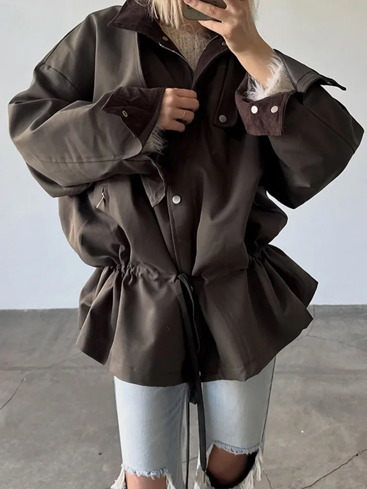 Casual Loose Lace-Up Coat Women Zipper Full Sleeve Turn Down Collar Patchwork Lady Coats 2026 Autumn Chic Female Outwears New