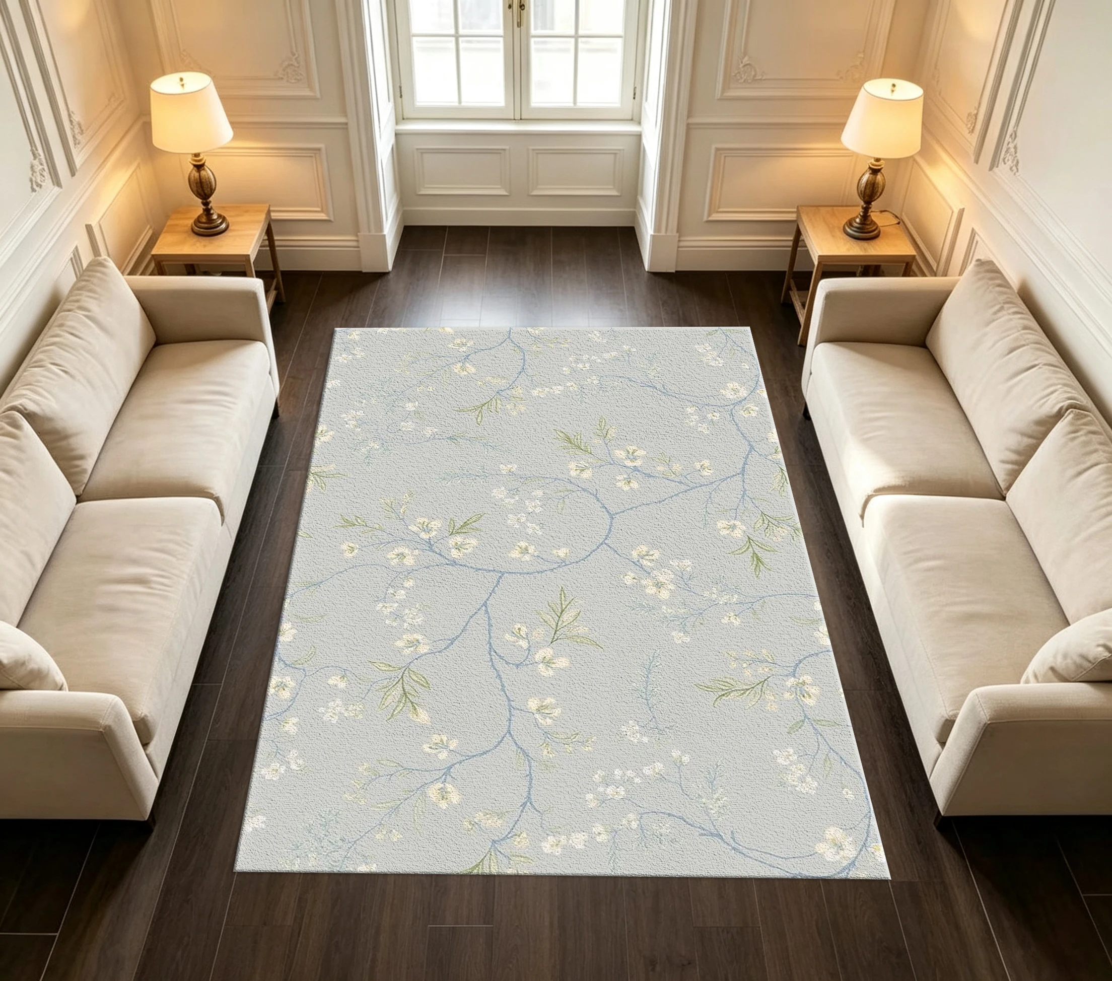 Light Blue Delicate Branch and Floral Pattern Carpet Floor Decoration Home Decor Living Room Carpet