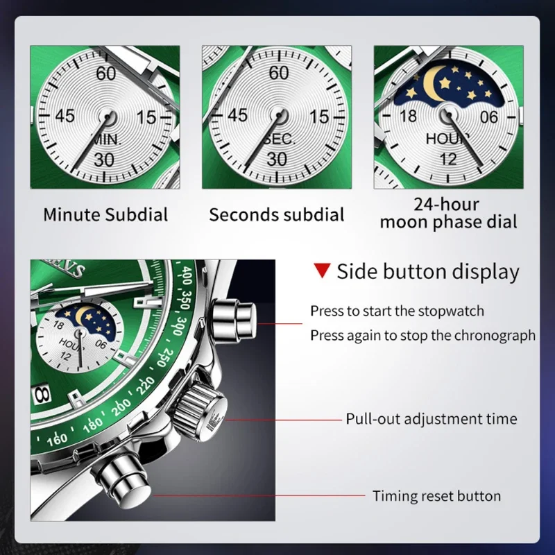 OLEVS 2945 ساعة كوارتز رجالية عالية الجودة مضيئة مرحلة القمر كرونوغراف ساعات الفولاذ المقاوم للصدأ مقاوم للماء ساعة اليد الموضة