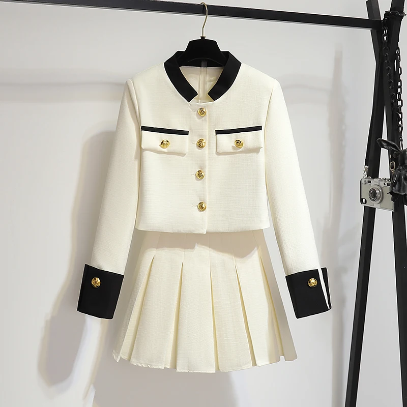 Small Fragrant Colorblock Blazer Coat Skirt Suit Women's Clothing Double-breasted Tunic Jackets + High Waist Pleated Mini Skirts