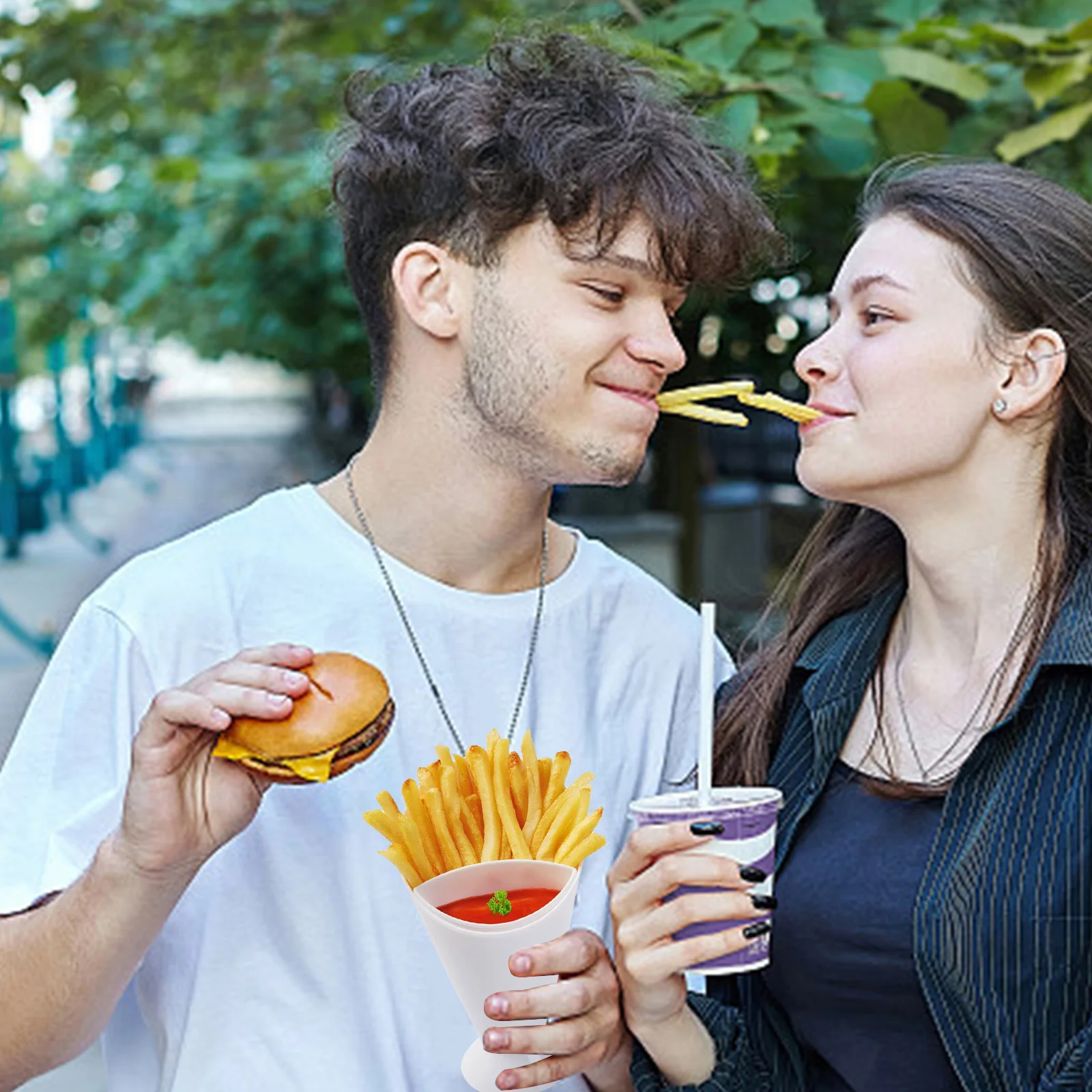 

3pcs Salad Cup French Fries Holder Dual Slot Dipping Container For Ketchup Juice Home Hotel Party Use Pp Cone Bowl Kitchen