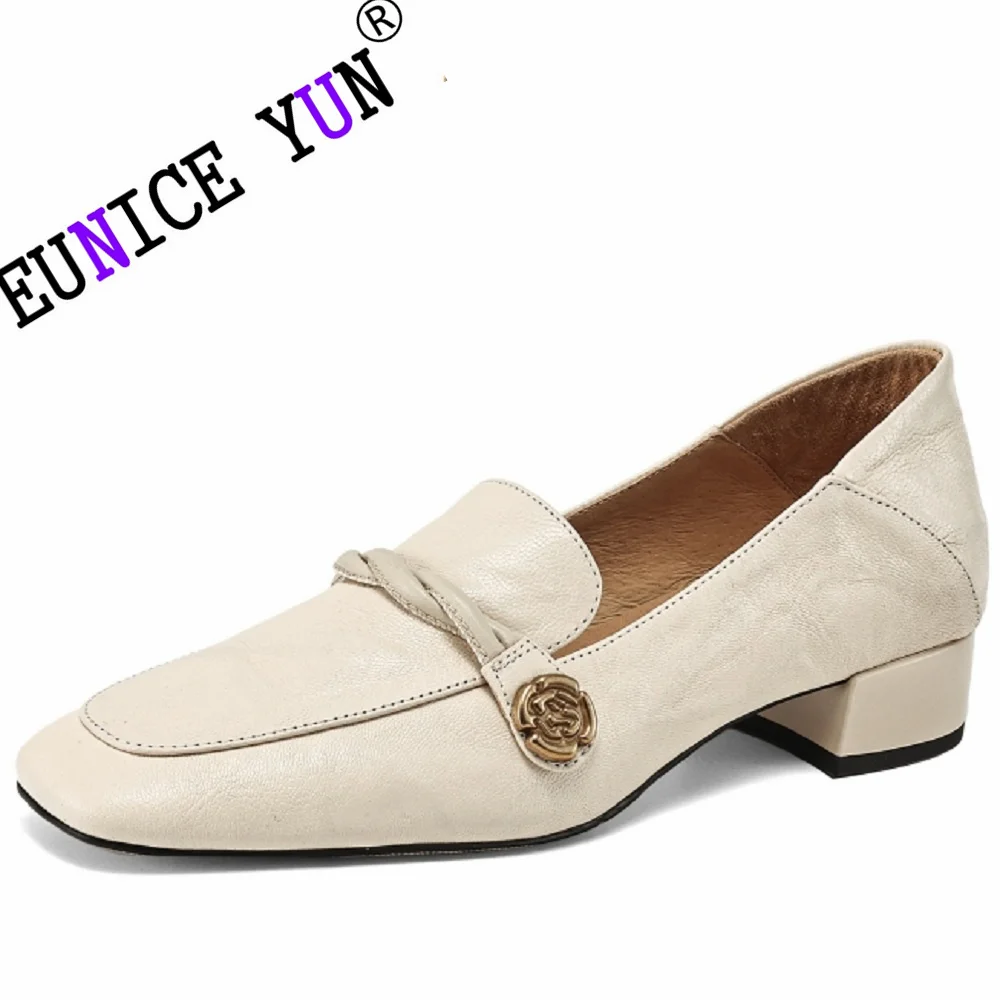 

【EUNICE YUN】Women's genuine leather round toe slip-on flats loafers metal decoration female top quality soft comfortable shoes